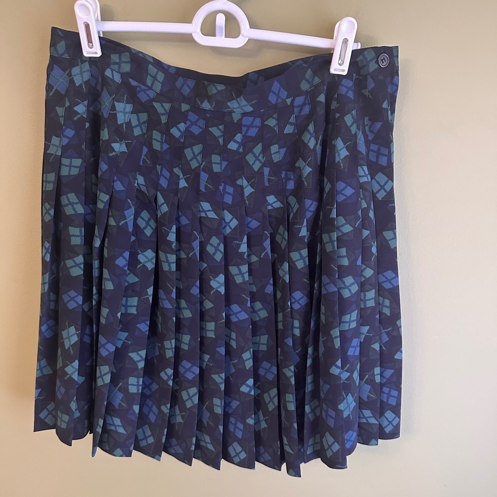 Express Vintage Pleated Skirt Diamond Print ‎ Blue 11/12 Argyle Preppy Academia